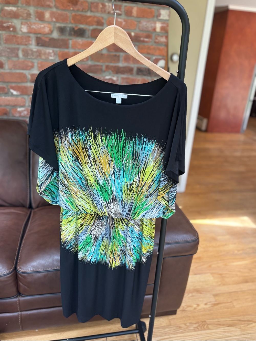 New York & Company Black Midi Dress with Green, Blue & Yellow Burst